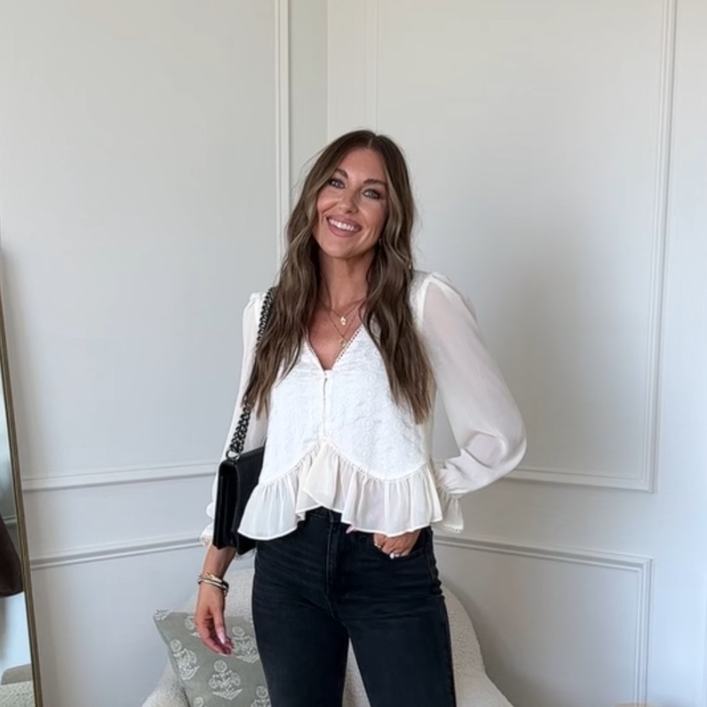 Cream Ruffled Tie Front Long Sleeve Blouse